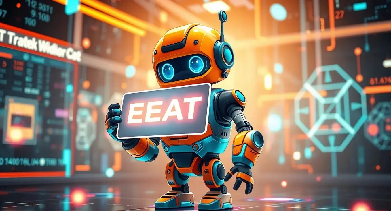 e-e-a-t 팻말 들고 있는 로봇