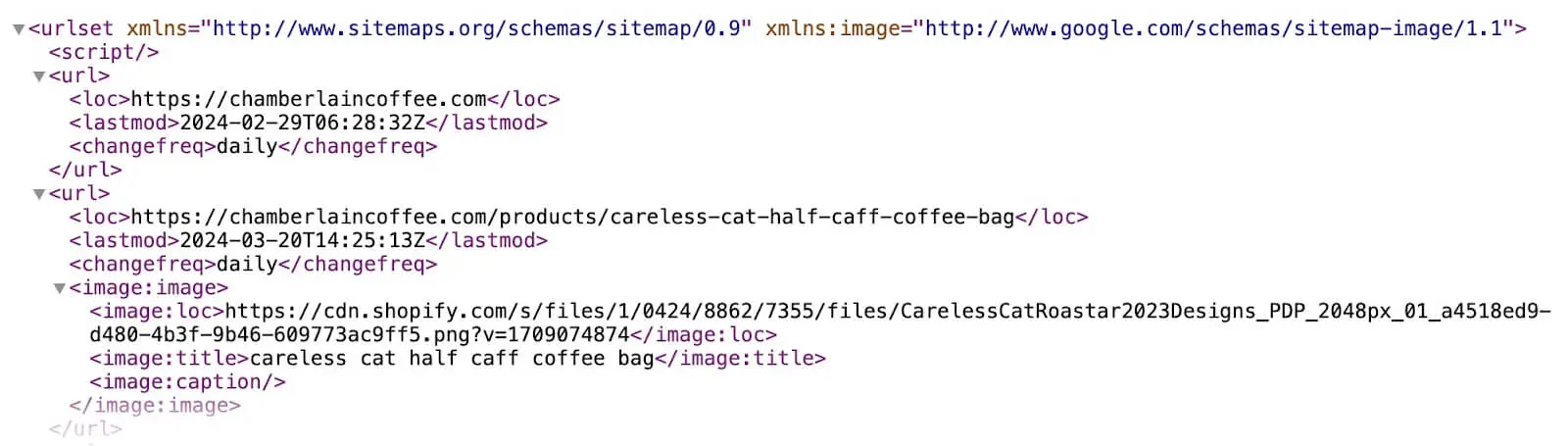 sitemap xml 모습